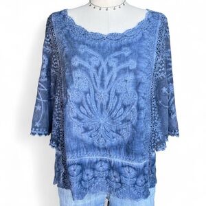 Soft surroundings boho denim blue embroidery blouse sheer mesh butterfly sleeves